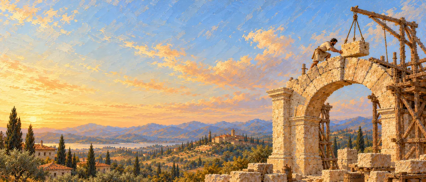 Pintura a óleo: um pedreiro encaixa a pedra fundamental no alto de um arco de travertino, sobre um vale da Toscana ao entardecer.